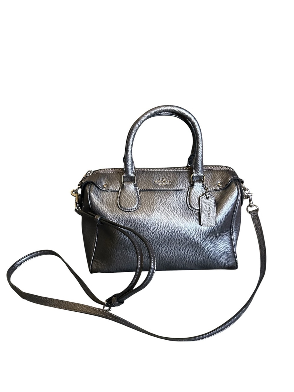 Coach Mini Bennet Metallic Silver Leather Satchel with Crossbody Strap